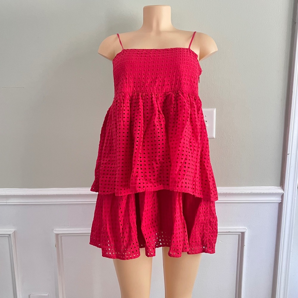 Urban Outfitters Eyelet Babydoll Dress Womens 6‎ Tiered Mini Red Coquette Summer